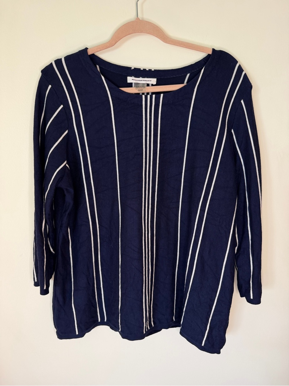 Allison Daley Women's Navy Stripe Long-Sleeve Top size medium white boat neck